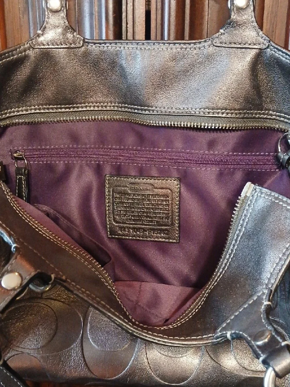 Coach Metallic Pewter Embossed Logo Shoulder Bag - Picture 5 of 6